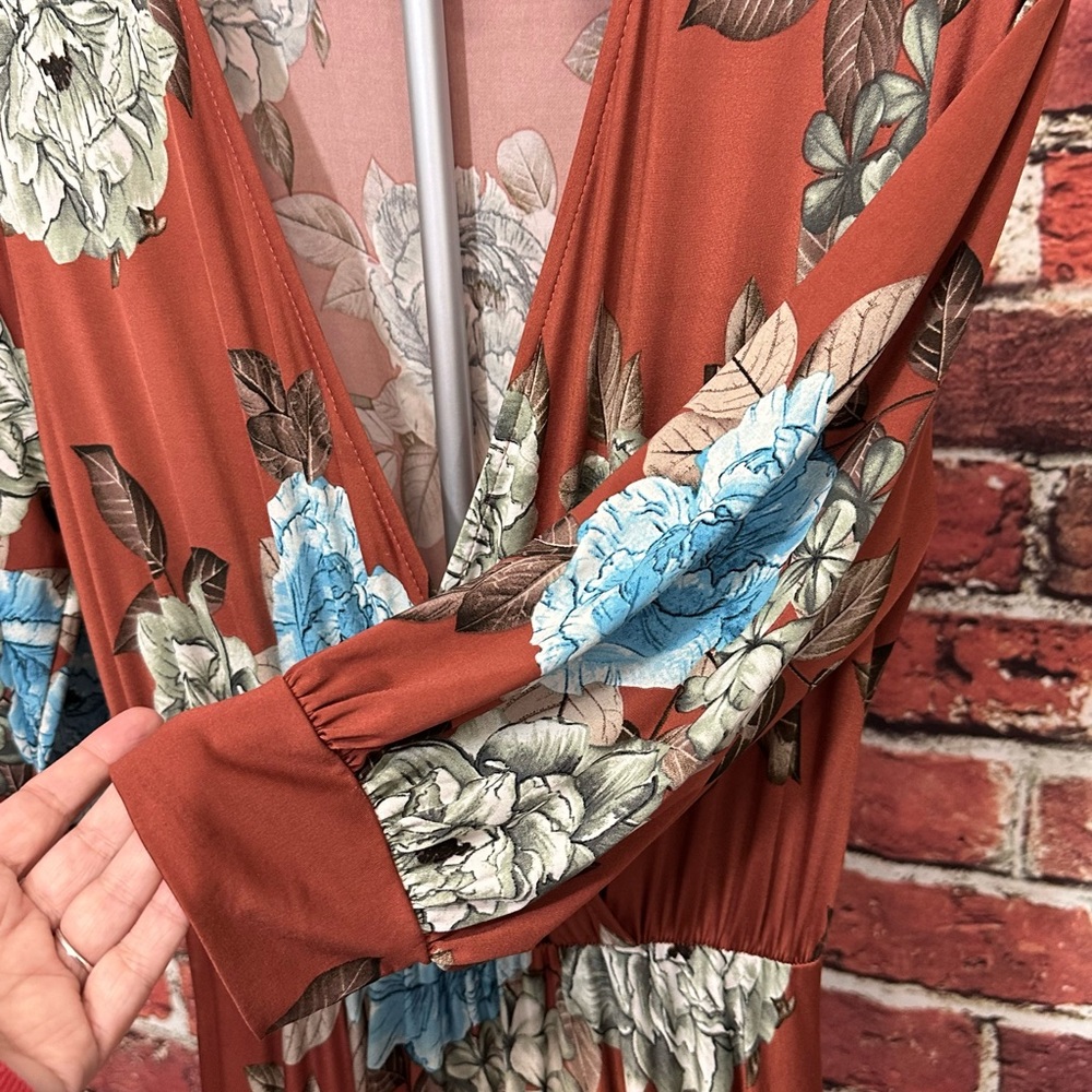 BURU DRESS WOMENS SIZE L TALL LONG BROWN BLUE FLORAL BOHEMIAN CHIC SOFT MAXI - Picture 5 of 14